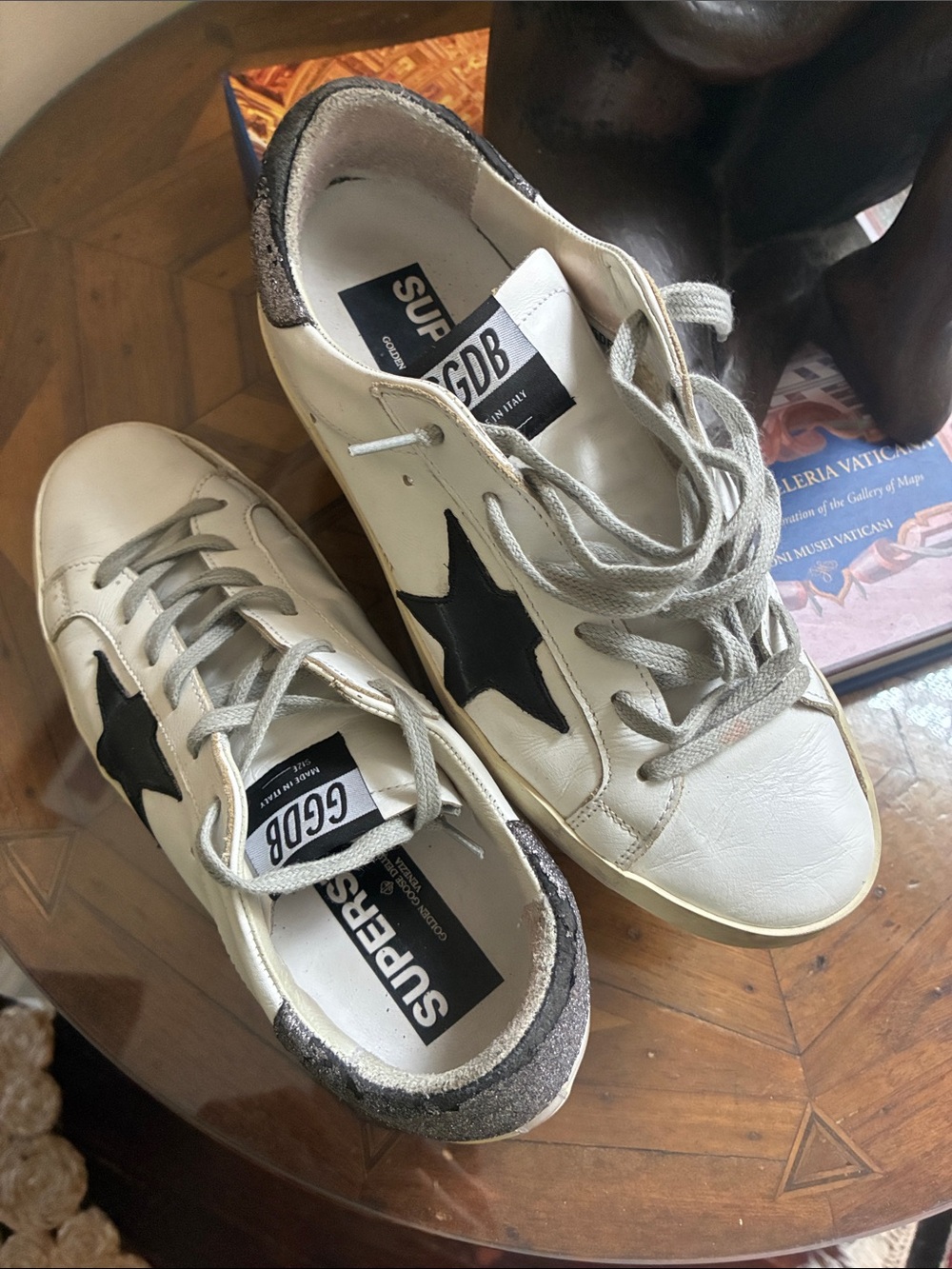 Golden Goose/Private EDT White Leather Sneakers with Black Star and Silver Heels